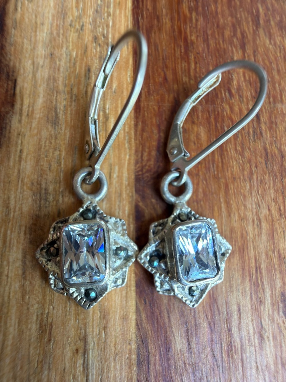 Vintage CW Charles Winston 925 Sterling Silver CZ Leverback Drop Earrings